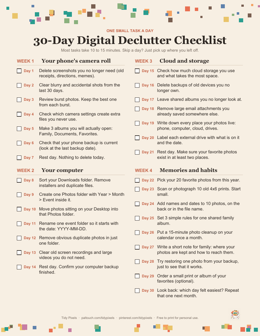 Preview of the 30-Day Digital Declutter Checklist